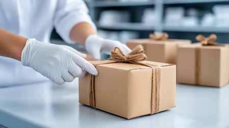 Packaging gift boxes with care and precision, showcasing attention to detail and craftsmanshipの素材