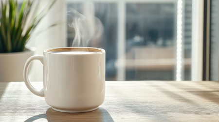 Steaming coffee cup wooden table with sunlight and plant background, creating peacefulの素材