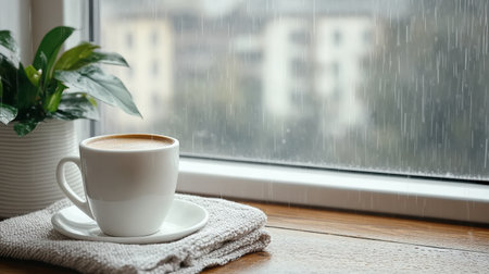 Cozy cup of coffee sits beside rainy window, creating tranquil atmosphereの素材