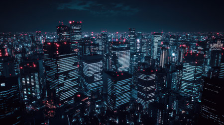 Smart city night skyline connected bridges transit glowing towers futuristic urban lightsの素材