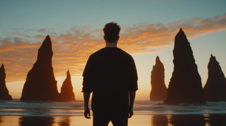 Traveler standing silhouette on black sand beach at dramatic sunset with sea stacksの素材