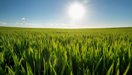 Lush green meadow field under bright sun with clear blue sky and distant horizonの素材