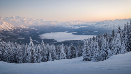 Snowy alpine lake vista at sunrise with frost covered pine forest and distant mountain rangeの素材