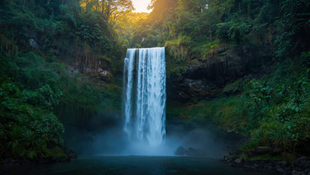 Lush forest waterfall at golden hour with misty pool conveying serene atmosphereの素材