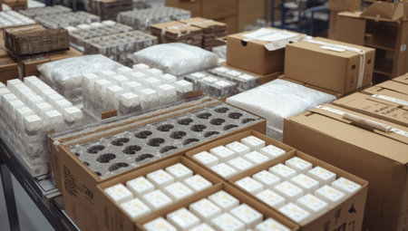 Packed cardboard boxes and organized small product units warehouse packing table showing busyの素材