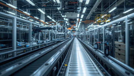 Automated production line with robotic arms and conveyor belt modern factory, cool lightingの素材