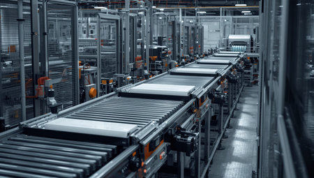 Sleek assembly line conveyor with robotic stations and industrial lighting, modern factoryの素材