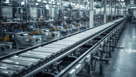 Sleek metal conveyor belt in automated factory producing components with cool lighting and depthの素材