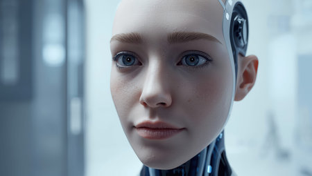 Realistic female android face with lifelike skin texture and blue eyes expressing calm focusの素材