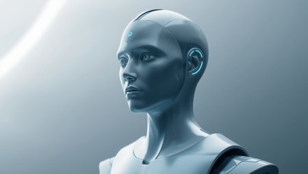 Futuristic female android portrait with soft blue lighting and serene expressionの素材