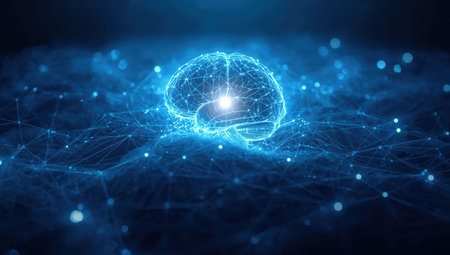 Digital neural network brain glowing with connected nodes and blue lightの素材