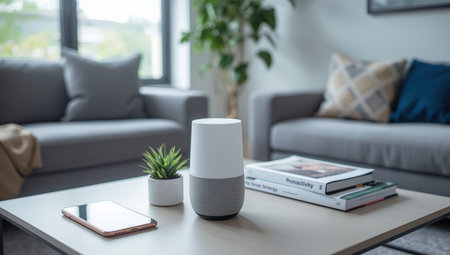 Smart speaker living room table with smartphone plant and books conveying cozy modern techの素材