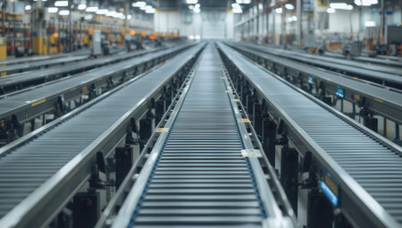 Conveyor belt system in large warehouse conveying packages with industrial lighting and depthの素材