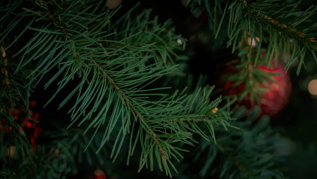 Fresh green pine branch with soft bokeh holiday lights and red ornamentの素材