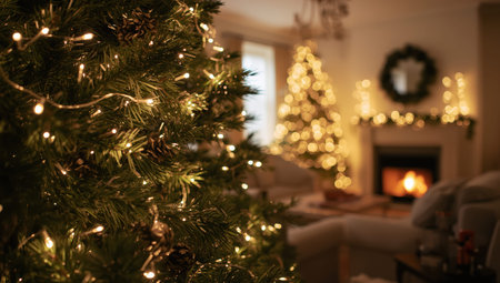 Cozy living room Christmas tree with warm lights and fireplace glowの素材