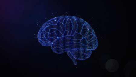Blue digital brain network glowing in dark background conveying futuristic intelligenceの素材