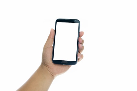 Hand holding smart phone with blank screen on white backgroundの写真素材