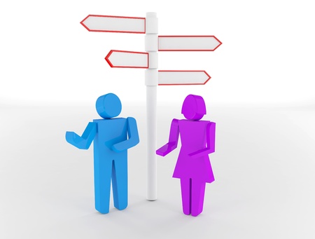 3d people - man and woman, person standing in front of a road signs. 3d image. Isolated white...