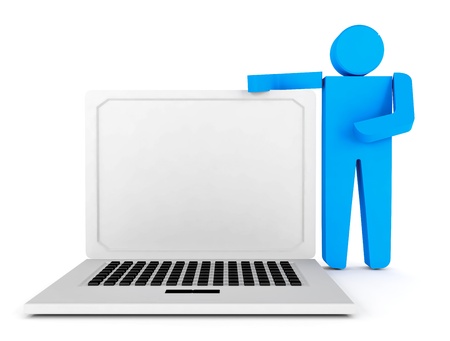 3d human character supported by laptop - This is a 3d render illustrationの写真素材