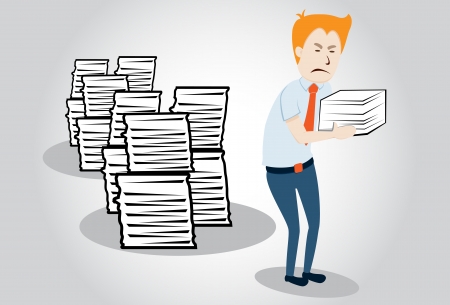 overworked office manager. worker with heap of paperwork. Cartoon character illustrationのイラスト素材