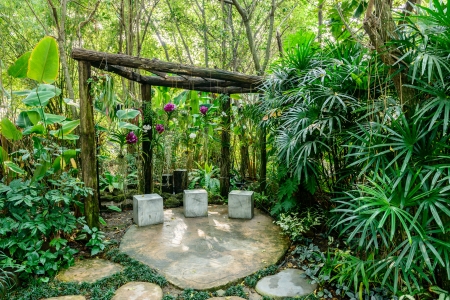 beautiful orchid and relax Corner in the gardenの写真素材