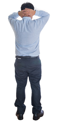 business man hold two hand on head, businessman standing back isolated over white background, Concept of idea, ask question, think up, choose, decideの写真素材