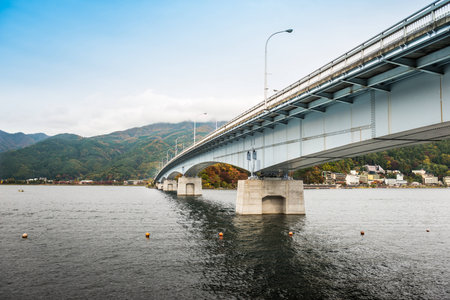 Bridge Of Lake Kawaguchiko in autumn seasonの写真素材