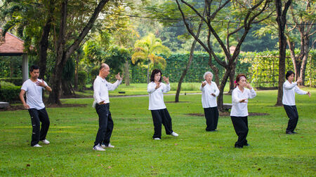 Bangkok, Thailand - November 30, 2014 : People practising tai chi in the park, at Suanluang RAMA IX public park, Bangkok, Thailandのeditorial素材