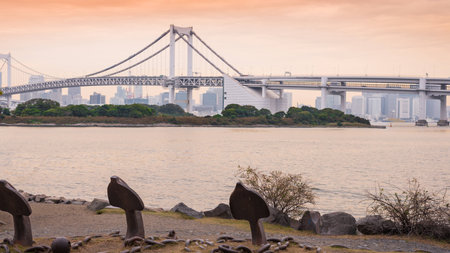 Rainbow Bridge in Odaiba, Tokyo, japan. view from beach of Odaibaの写真素材