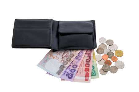 black leather wallet with money isolated on white background