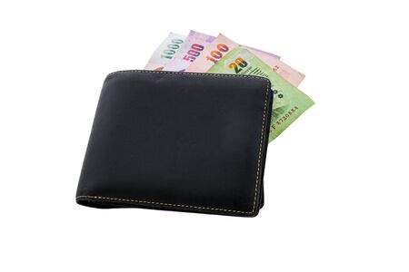 black leather wallet with money isolated on white background