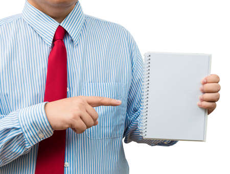 Businessman holding and pointing to notebook. の写真素材
