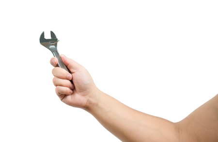 Hand holding a spanner on White Backgroundの写真素材