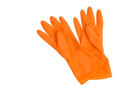 orange rubber gloves isolated on white background with clipping pathの写真素材