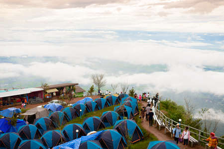 PHUTHAPBOEK PHETCHABUN THAILAND - OCTOBER 9 : Tent on the mountain with sunset at morning from view point ,Phu Thap Boek,  OCTOBER 9, 2015 in PHETCHABUN THAILANDのeditorial素材