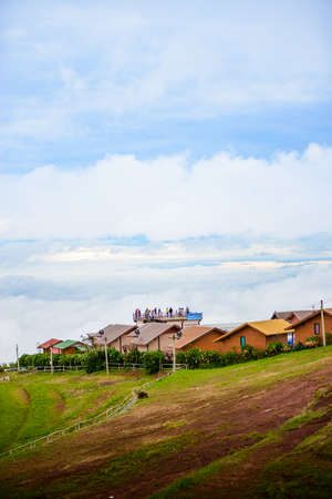 PHUTHAPBOEK PHETCHABUN THAILAND - OCTOBER 10 : Resorts and lodges on the mountain with sunset at morning from view point ,Phu Thap Boek,  OCTOBER 10, 2015 in PHETCHABUN THAILANDのeditorial素材