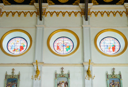 The interior of the Roman Catholic Church(The Nativity of Our Lady Cathedral), Samutsongkhram, Thailand. built in 1890. One of the beautiful gothic style building in Thailand.のeditorial素材