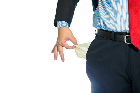 Businessman Pulling out Empty Pocket Isolated on white background