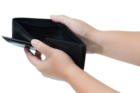 Bankruptcy - Business Person hand holding black empty purse isolated on white background
