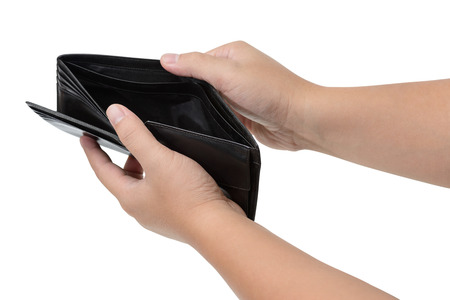 Bankruptcy - Business Person hand holding black empty purse isolated on white background with clipping pathの写真素材