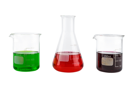 Chemical laboratory glassware with liquid Erlenmeyer flask on white background with clipping pathの写真素材