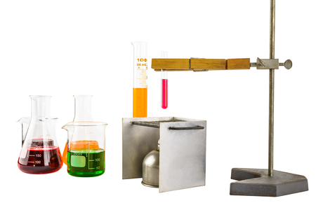 Laboratory equipment test tube holder, Clamps, hanging, stand and alcohol lamp, scientific test tube  isolated on white background with  clipping pathの写真素材