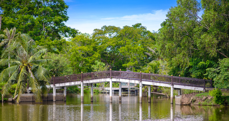 Wooden bridge walkway in Sri Nakhon Khuean Khan Park and Botanical Garden. Bang krachao, Phra Pradaeng, Samut Prakan, Thailandの写真素材