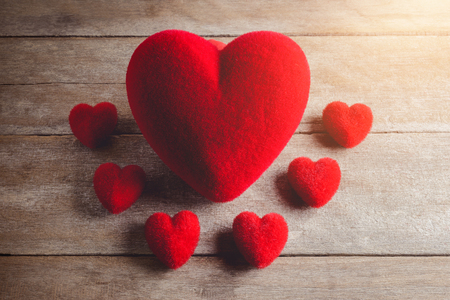 Group of Red heart on a wooden background for valentines day conceptの写真素材
