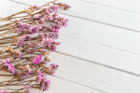 dried flowers on white wooden planks background, Abstract holiday frameの写真素材