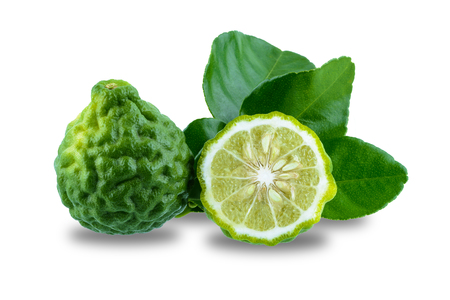 fresh bergamot fruit with leaf isolated on white backgroundの写真素材