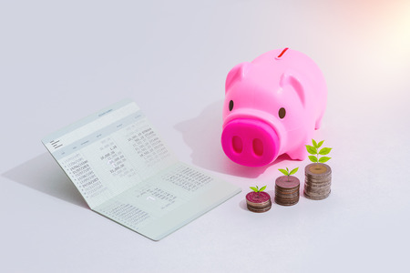 stack of coins, Little tree with piggy bank and account book bank on the table in saving, banking and finance conceptの写真素材