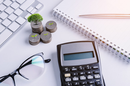 Stack of money coins, Little tree Glowing with account book finance for background. banking concept in growth, step by step for success in startup businessの写真素材