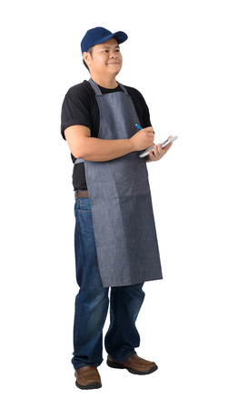 waiter taking order and making note isolated on white background with clipping pathの写真素材