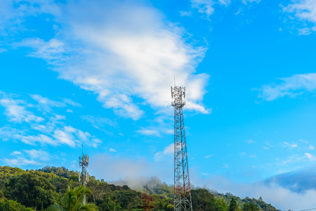 Telecommunication Tower. 3G, 4G and 5G Cell site, Cell Phone Signal Tower on blue sky backgroundの写真素材